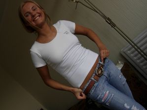 Shameless blonde in a white T-shirt takes off her panties and becomes cancer. Thumbnail 27