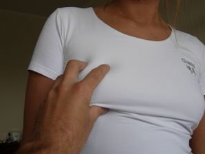 Shameless blonde in a white T-shirt takes off her panties and becomes cancer. Thumbnail 28