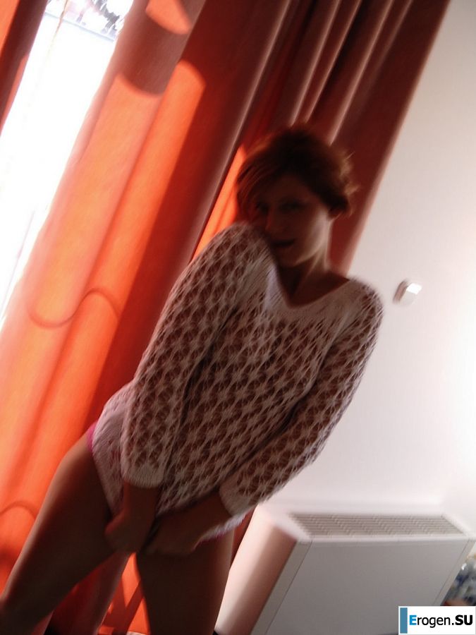Naughty red-haired girl in pink panties fingering nipples. Slide 21