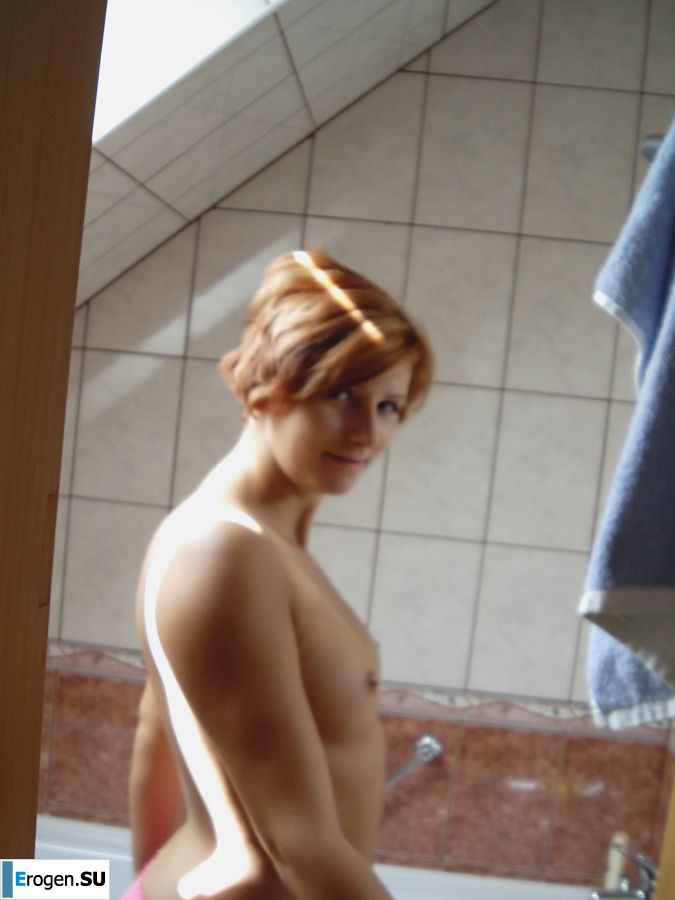 Naughty red-haired girl in pink panties fingering nipples. Slide 7